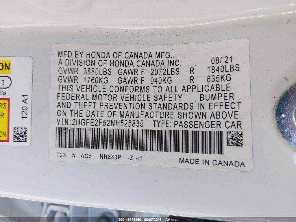 2HGFE2F52NH525835 2022 HONDA CIVIC photo no. 9