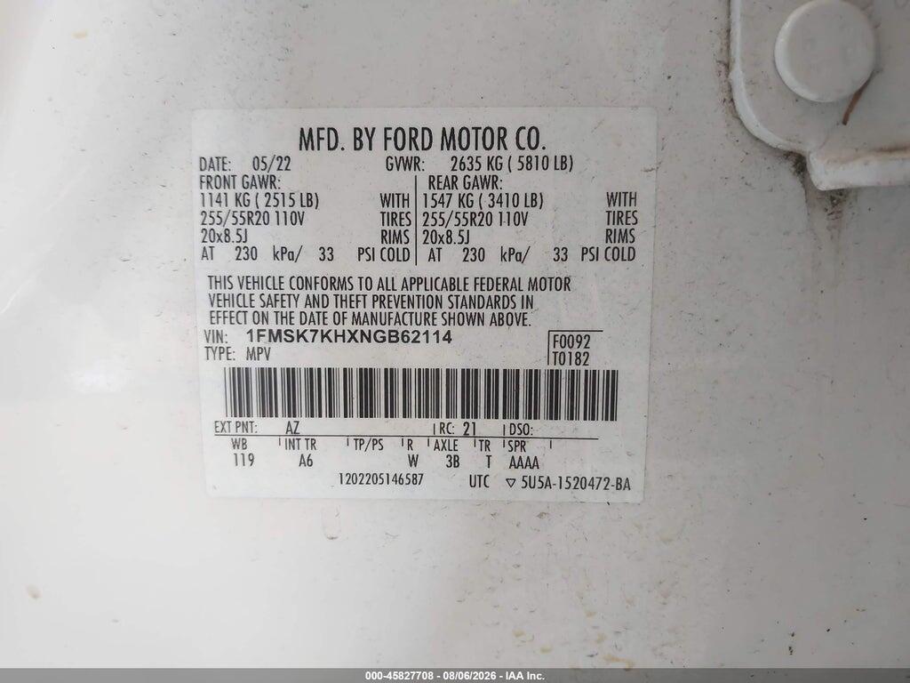1FMSK7KHXNGB62114 2022 FORD EXPLORER photo no. 9