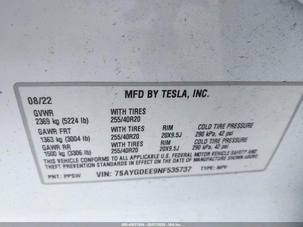 7SAYGDEE9NF535737 2022 TESLA MODEL Y photo no. 9