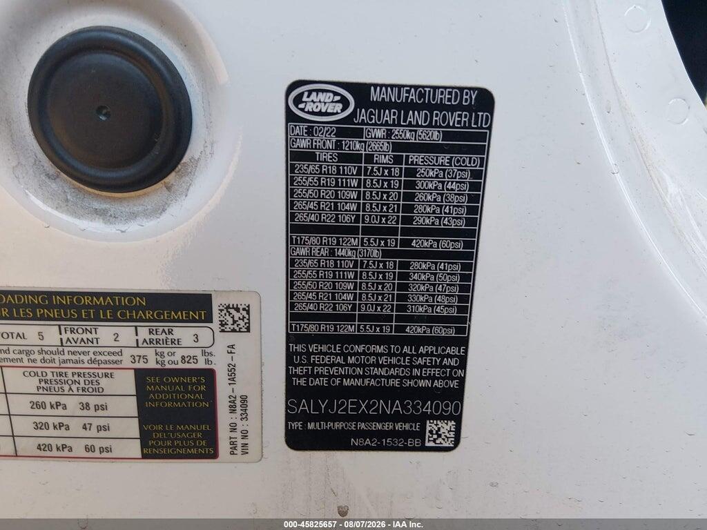SALYJ2EX2NA334090 2022 LAND ROVER RANGE ROVER VELAR photo no. 9