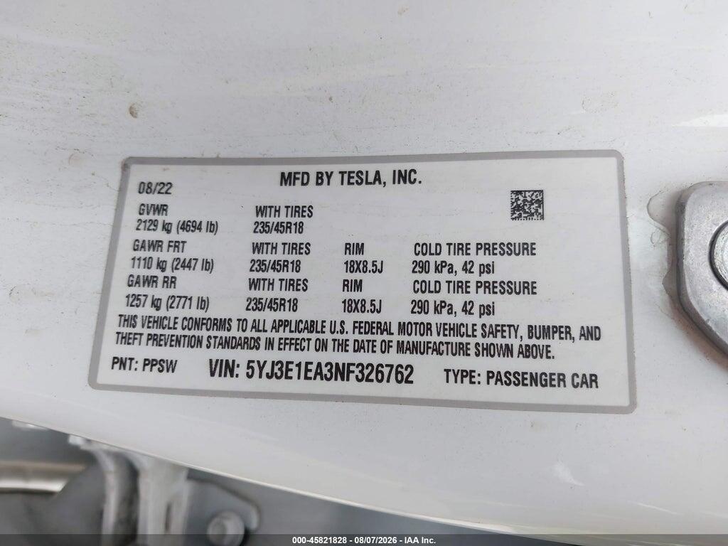 5YJ3E1EA3NF326762 2022 TESLA MODEL 3 photo no. 9