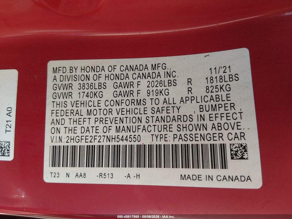2HGFE2F27NH544550 2022 HONDA CIVIC photo no. 9