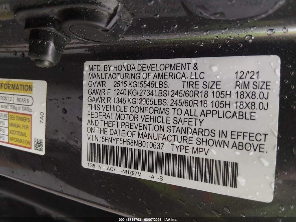 5FNYF5H58NB010637 2022 HONDA PILOT photo no. 9