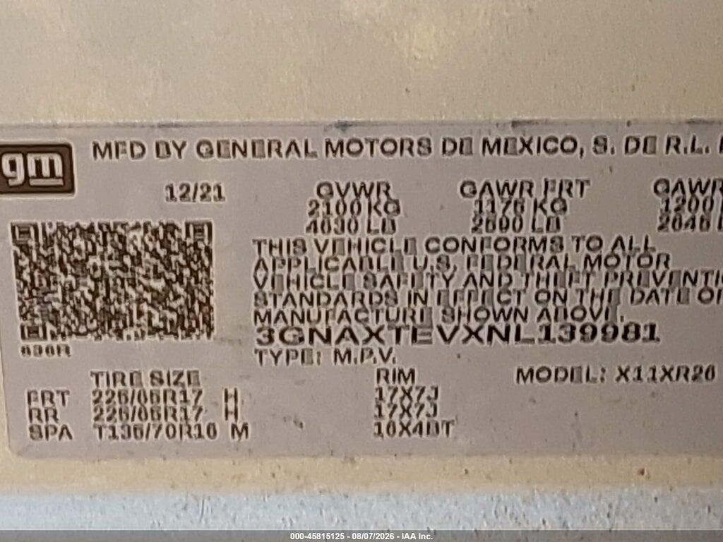 3GNAXTEVXNL139981 2022 CHEVROLET EQUINOX photo no. 9