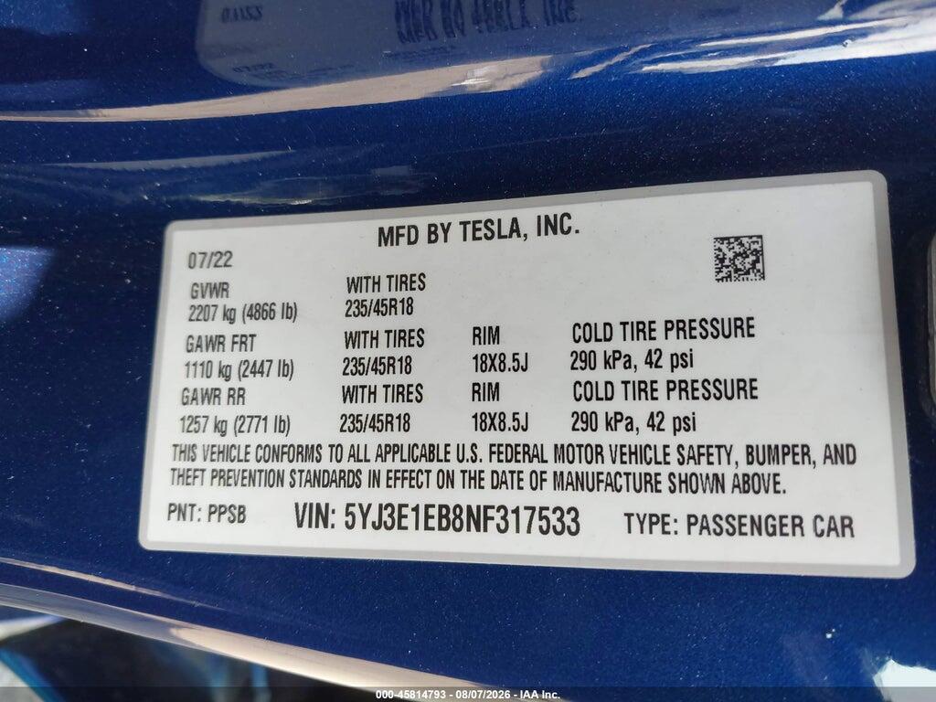 5YJ3E1EB8NF317533 2022 TESLA MODEL 3 photo no. 9