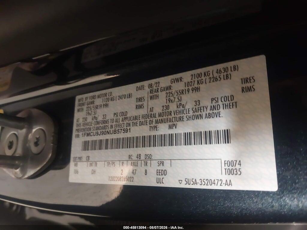 1FMCU9J90NUB57591 2022 FORD ESCAPE photo no. 9