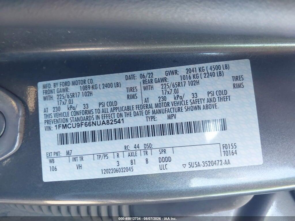 1FMCU9F66NUA82541 2022 FORD ESCAPE photo no. 9