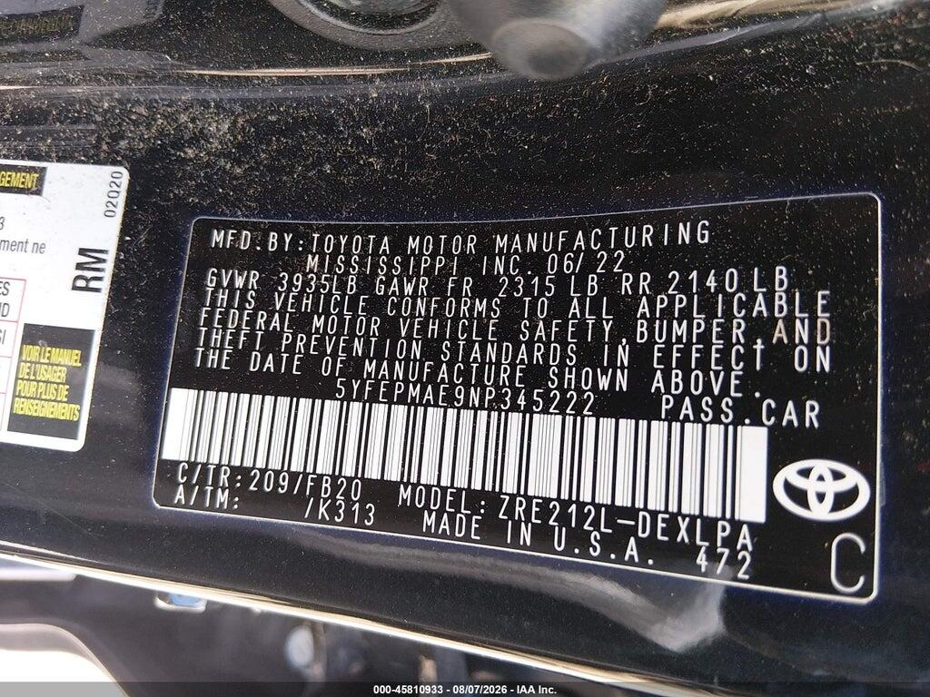 5YFEPMAE9NP345222 2022 TOYOTA COROLLA photo no. 8