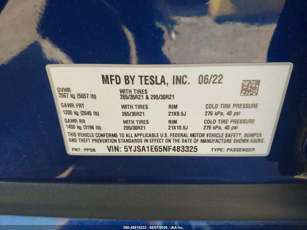 5YJSA1E65NF483325 2022 TESLA MODEL S photo no. 9