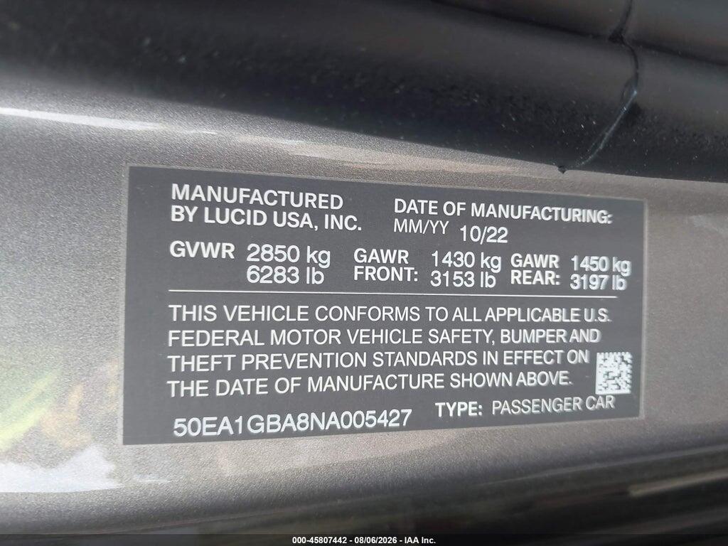 50EA1GBA8NA005427 2022 LUCID AIR photo no. 9