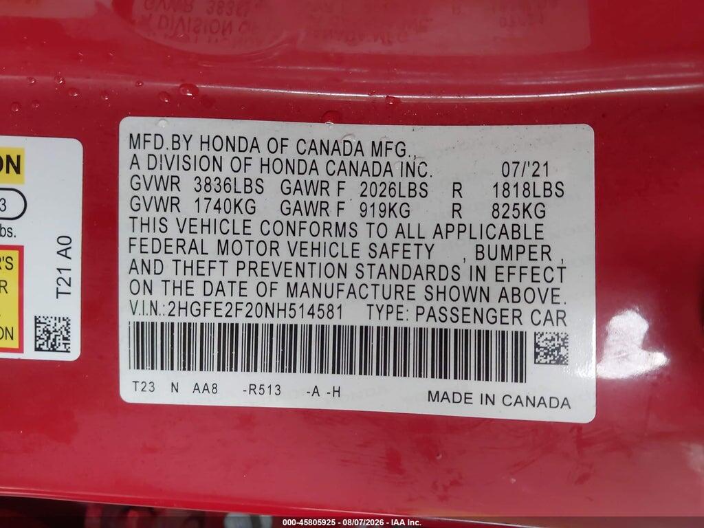 2HGFE2F20NH514581 2022 HONDA CIVIC photo no. 9