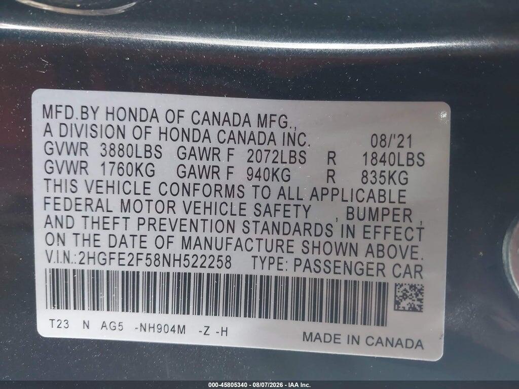 2HGFE2F58NH522258 2022 HONDA CIVIC photo no. 9