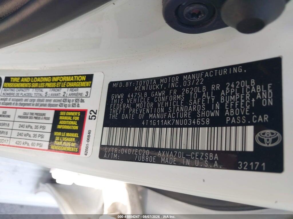 4T1G11AK7NU034658 2022 TOYOTA CAMRY photo no. 9