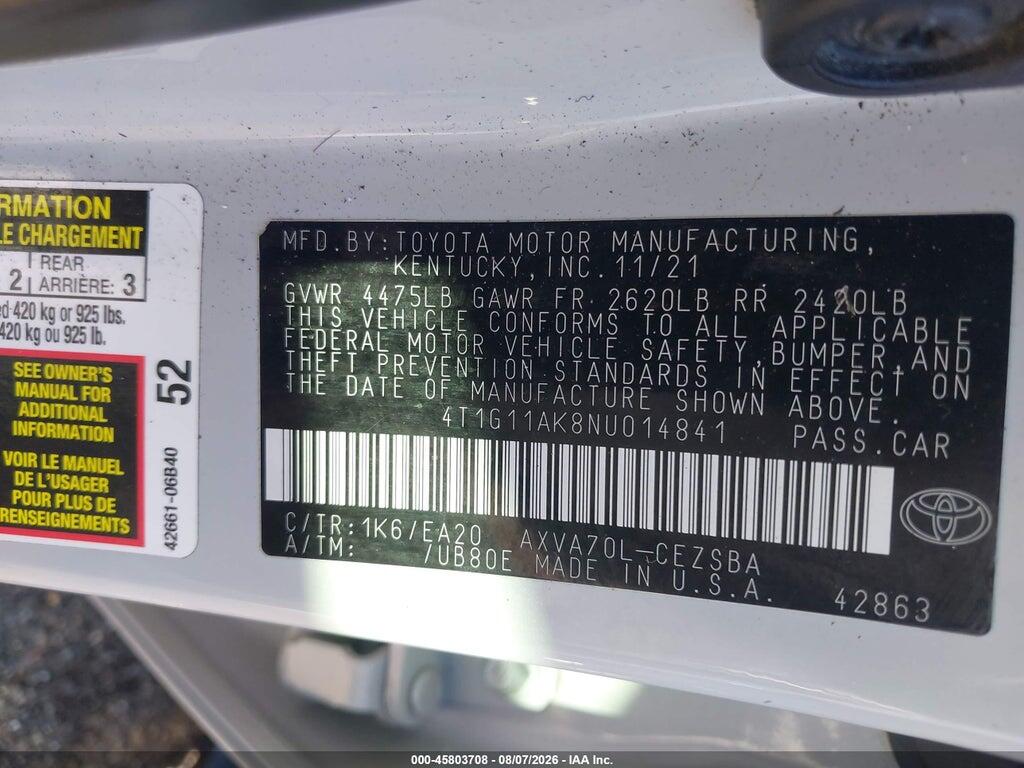 4T1G11AK8NU014841 2022 TOYOTA CAMRY photo no. 9