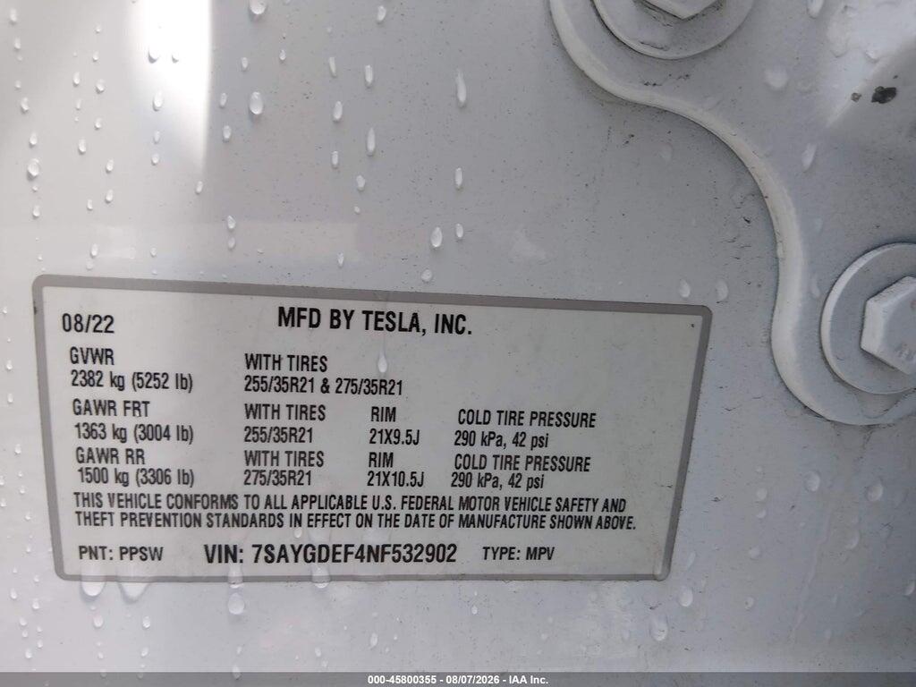 7SAYGDEF4NF532902 2022 TESLA MODEL Y photo no. 9