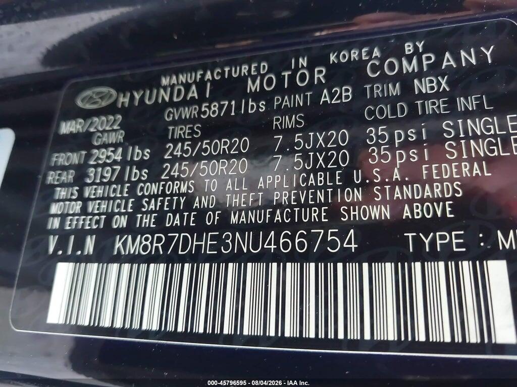 KM8R7DHE3NU466754 2022 HYUNDAI PALISADE photo no. 9