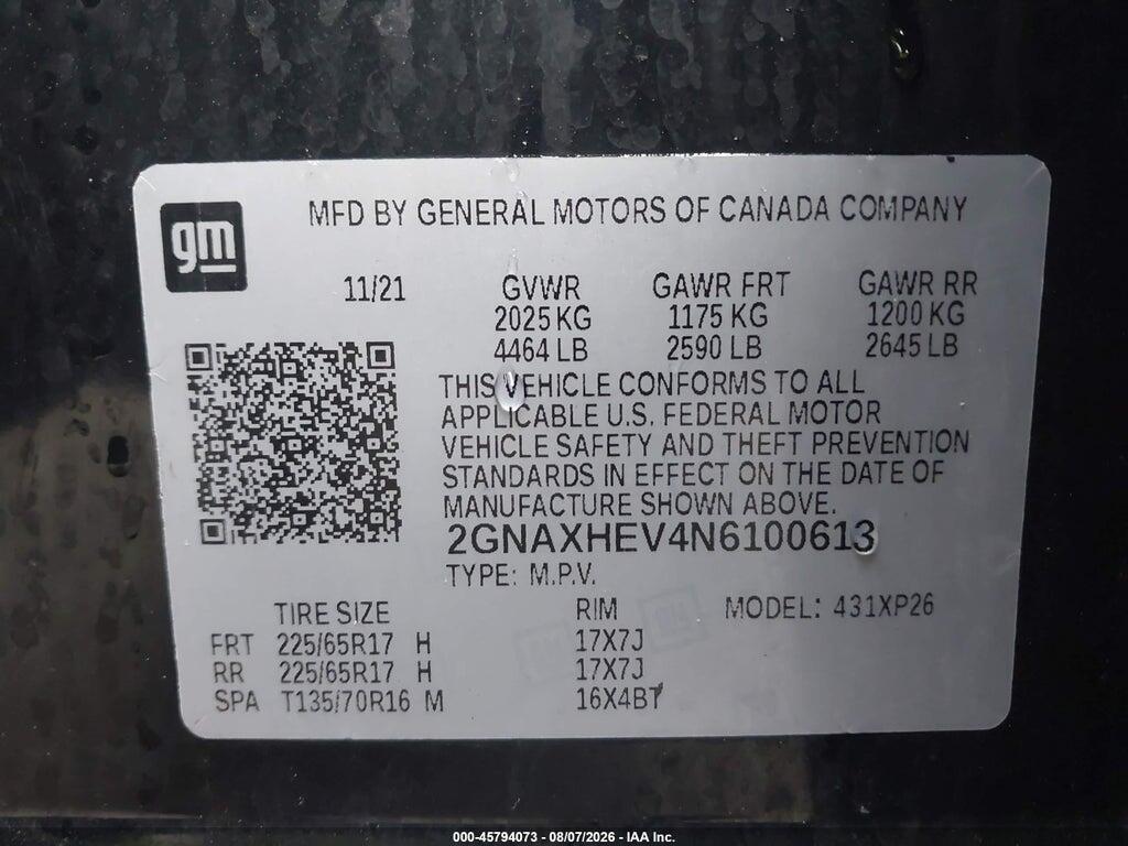 2GNAXHEV4N6100613 2022 CHEVROLET EQUINOX photo no. 9