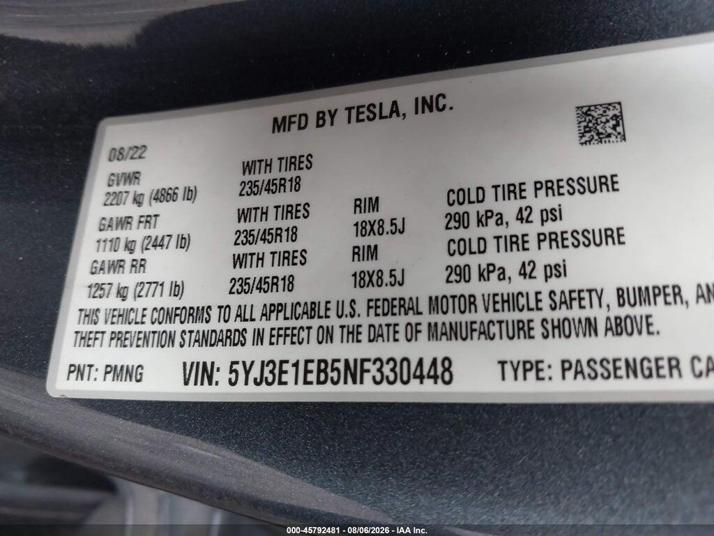5YJ3E1EB5NF330448 2022 TESLA MODEL 3 photo no. 9