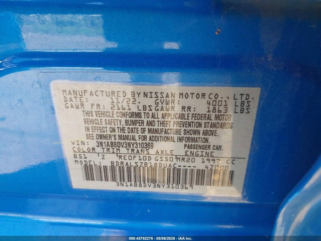 3N1AB8DV3NY310369 2022 NISSAN SENTRA photo no. 9
