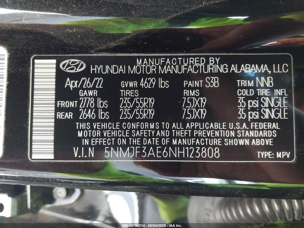 5NMJF3AE6NH123808 2022 HYUNDAI TUCSON photo no. 9