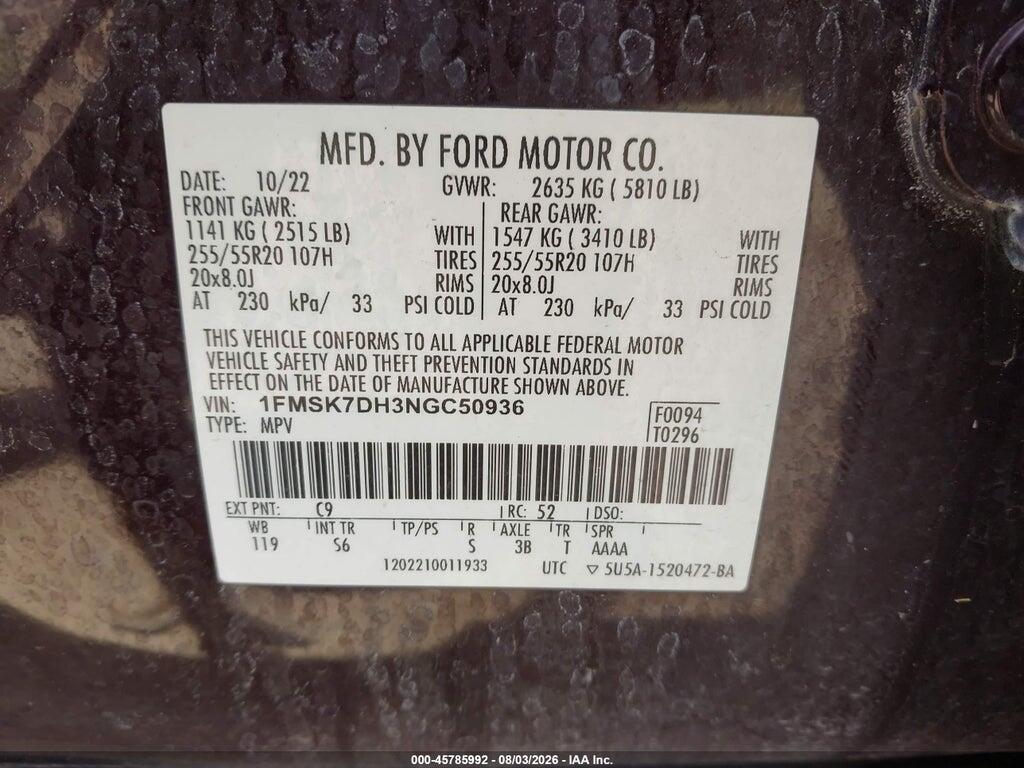 1FMSK7DH3NGC50936 2022 FORD EXPLORER photo no. 9