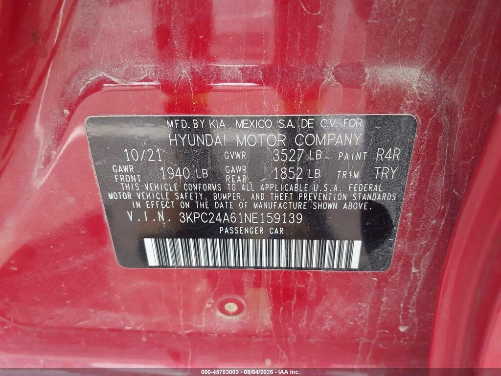 3KPC24A61NE159139 2022 HYUNDAI ACCENT photo no. 9