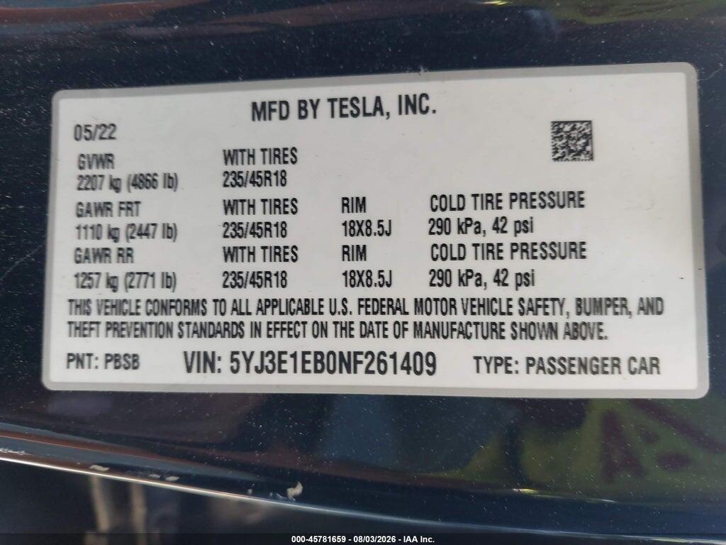 5YJ3E1EB0NF261409 2022 TESLA MODEL 3 photo no. 9