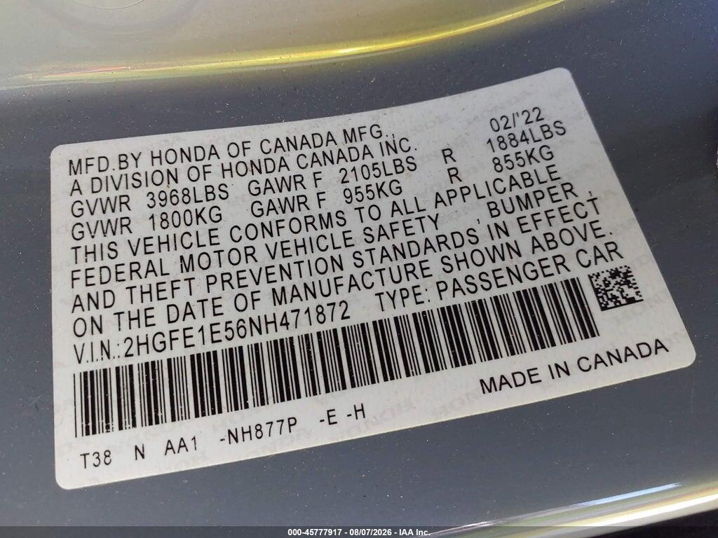2HGFE1E56NH471872 2022 HONDA CIVIC SI photo no. 9