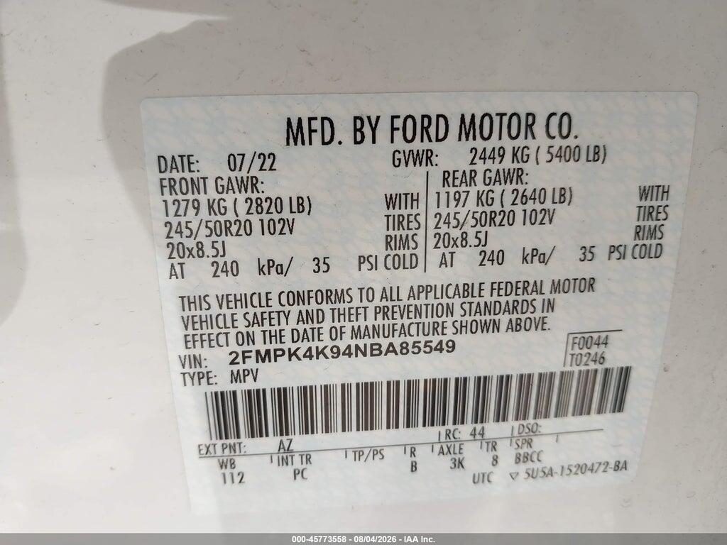 2FMPK4K94NBA85549 2022 FORD EDGE photo no. 9