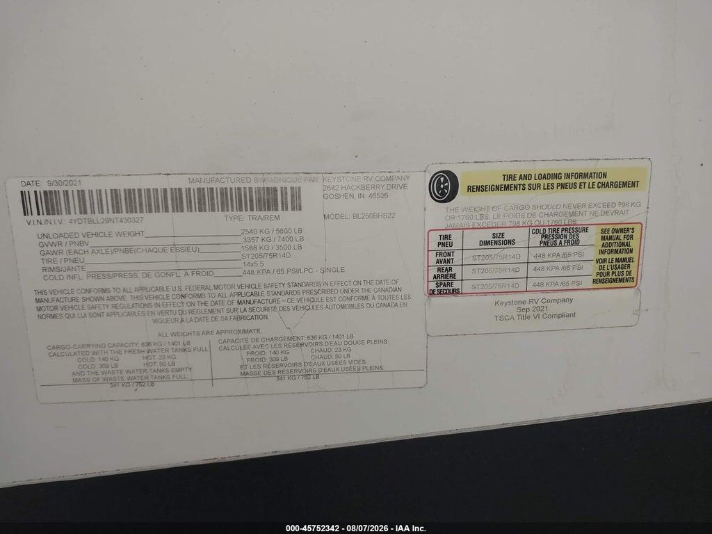 4YDTBLL29NT430327 2022 BULLET KEYSTONE 250BHS photo no. 7