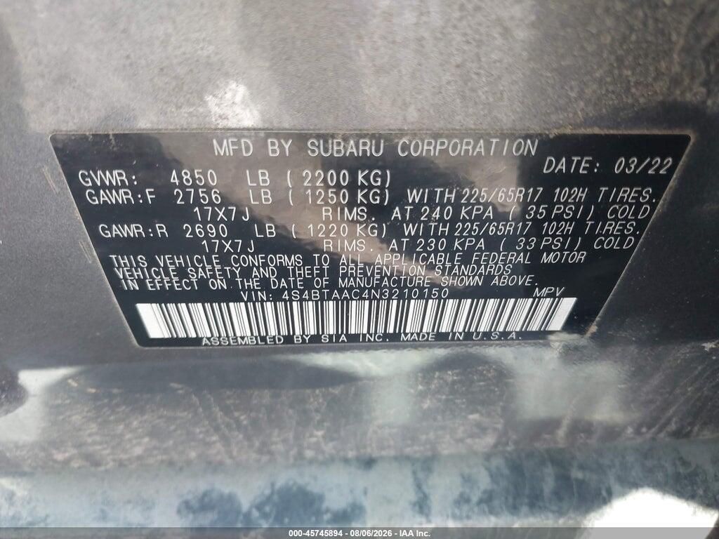 4S4BTAAC4N3210150 2022 SUBARU OUTBACK photo no. 9