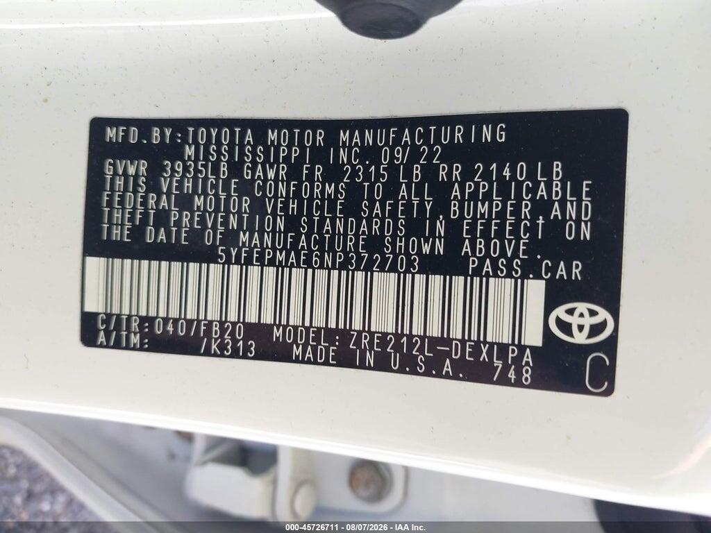 5YFEPMAE6NP372703 2022 TOYOTA COROLLA photo no. 9