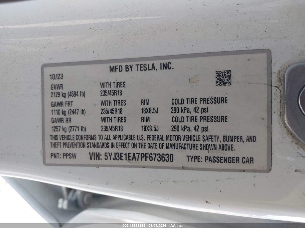 5YJ3E1EA7PF673630 2023 TESLA MODEL 3 photo no. 9