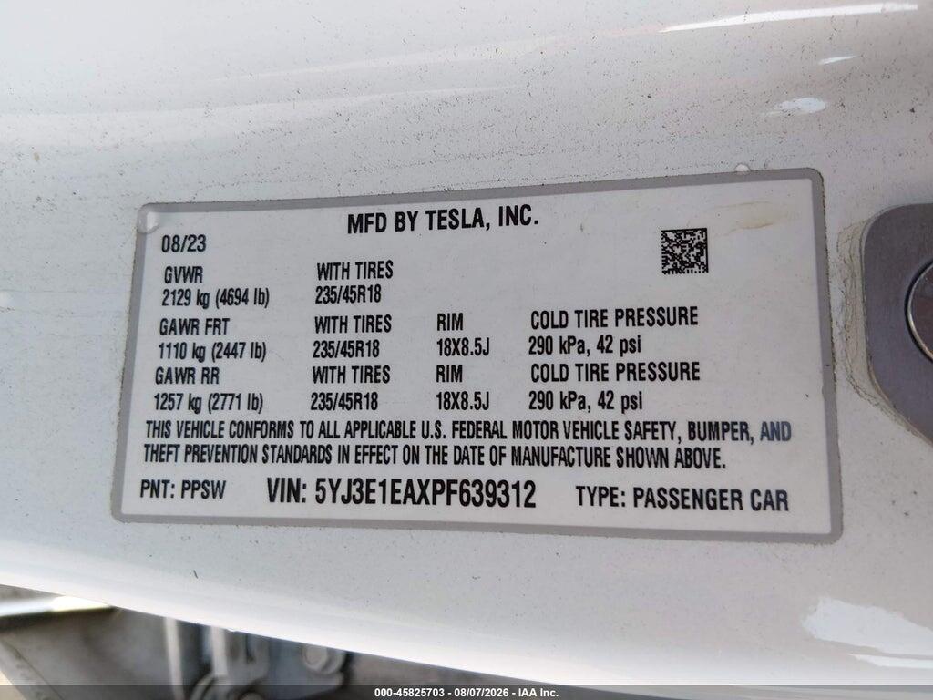 5YJ3E1EAXPF639312 2023 TESLA MODEL 3 photo no. 9
