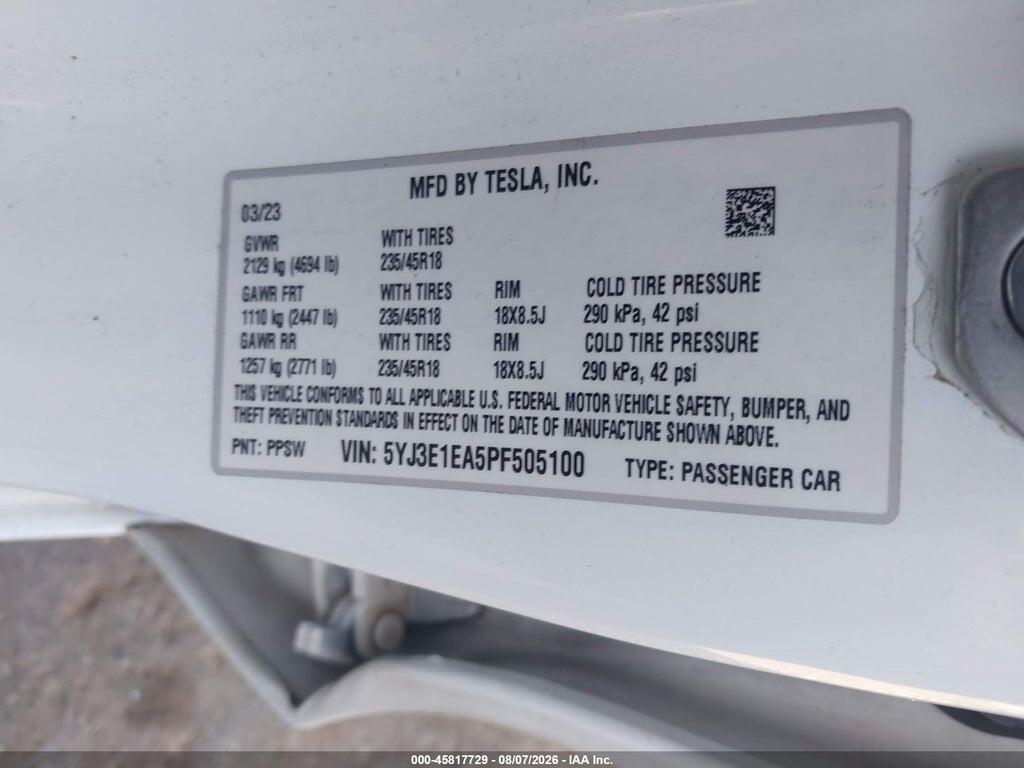 5YJ3E1EA5PF505100 2023 TESLA MODEL 3 photo no. 9