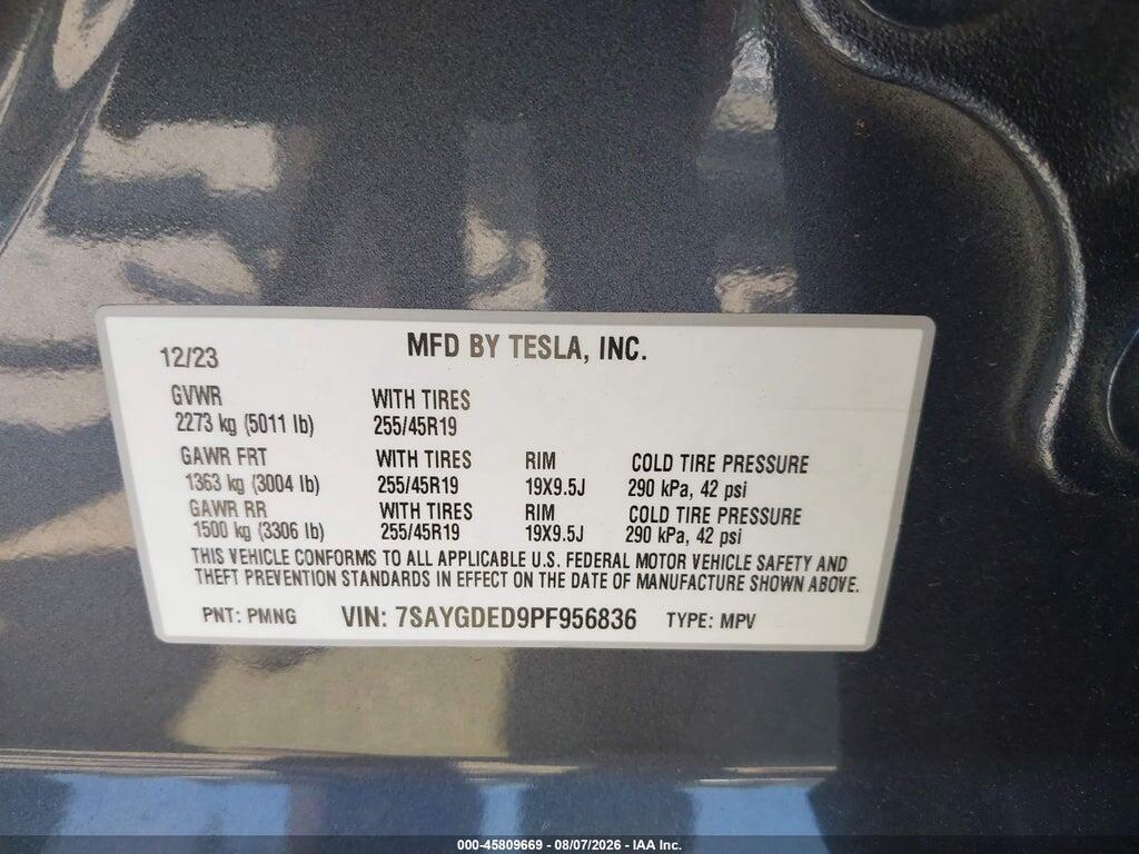 7SAYGDED9PF956836 2023 TESLA MODEL Y photo no. 9