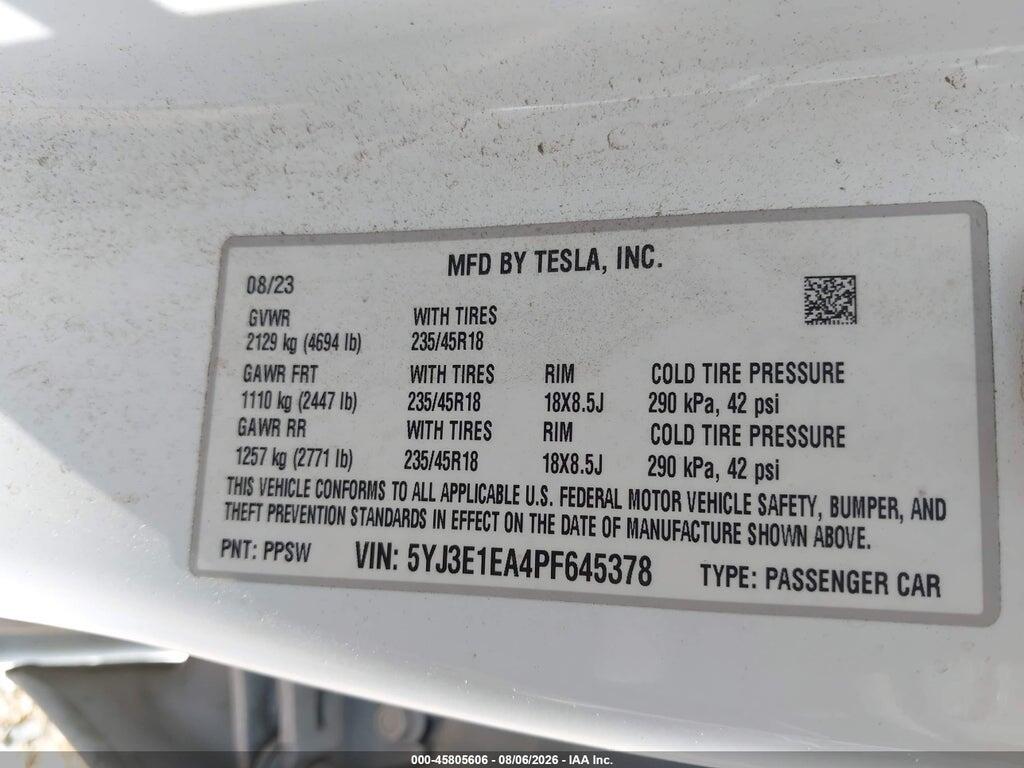 5YJ3E1EA4PF645378 2023 TESLA MODEL 3 photo no. 9