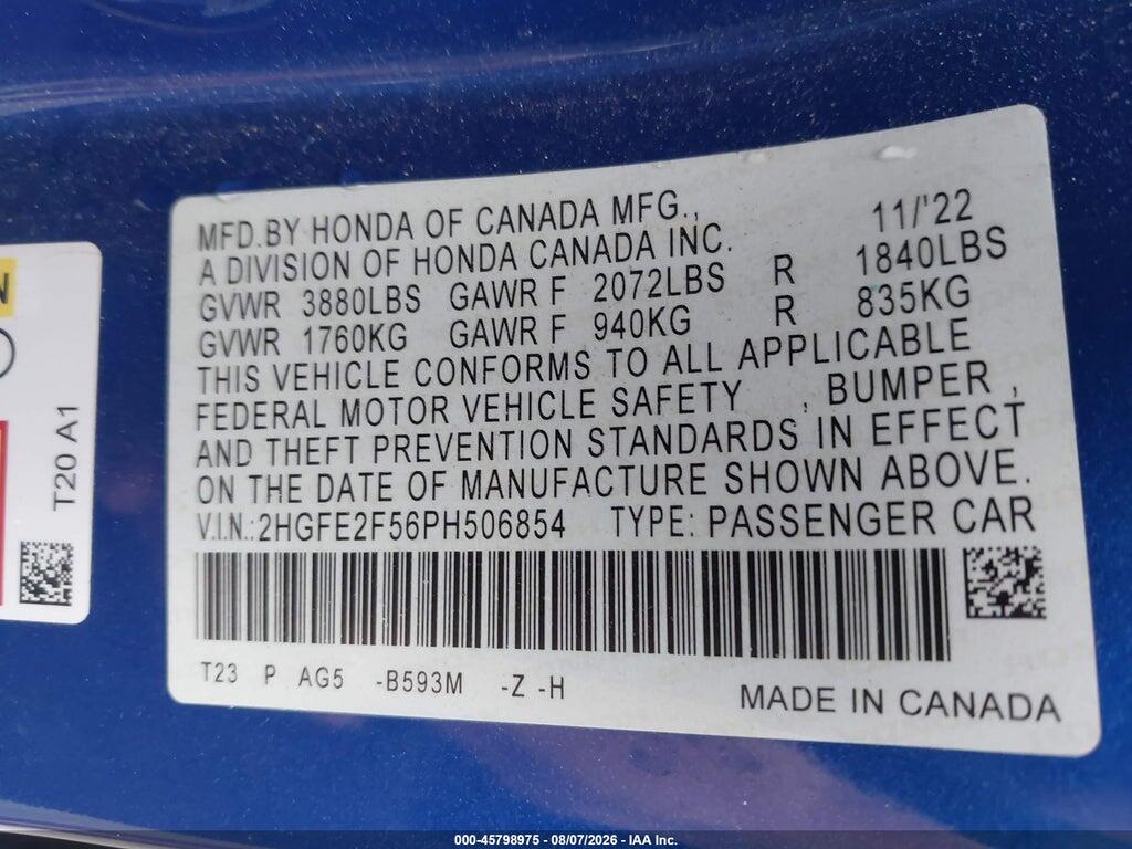 2HGFE2F56PH506854 2023 HONDA CIVIC photo no. 9