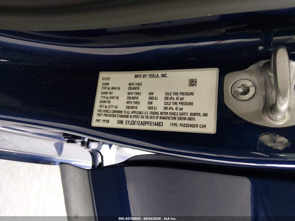 5YJ3E1EA0PF614483 2023 TESLA MODEL 3 photo no. 9