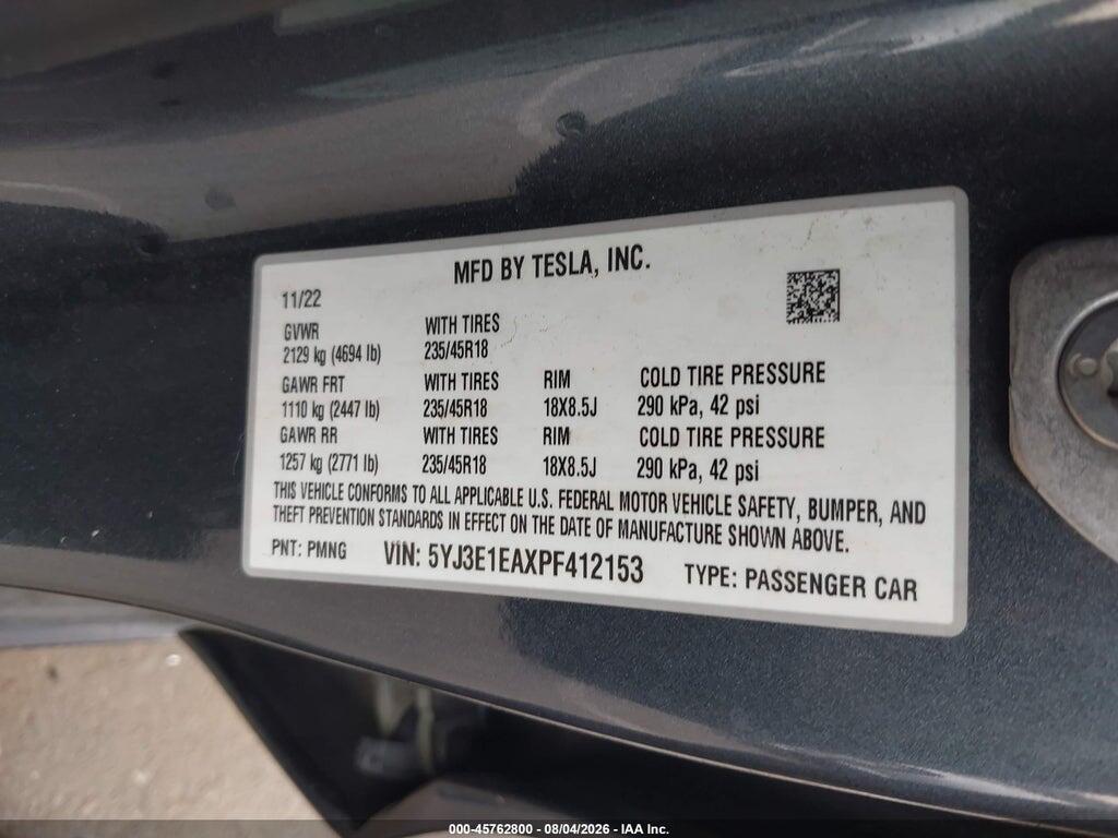 5YJ3E1EAXPF412153 2023 TESLA MODEL 3 photo no. 9