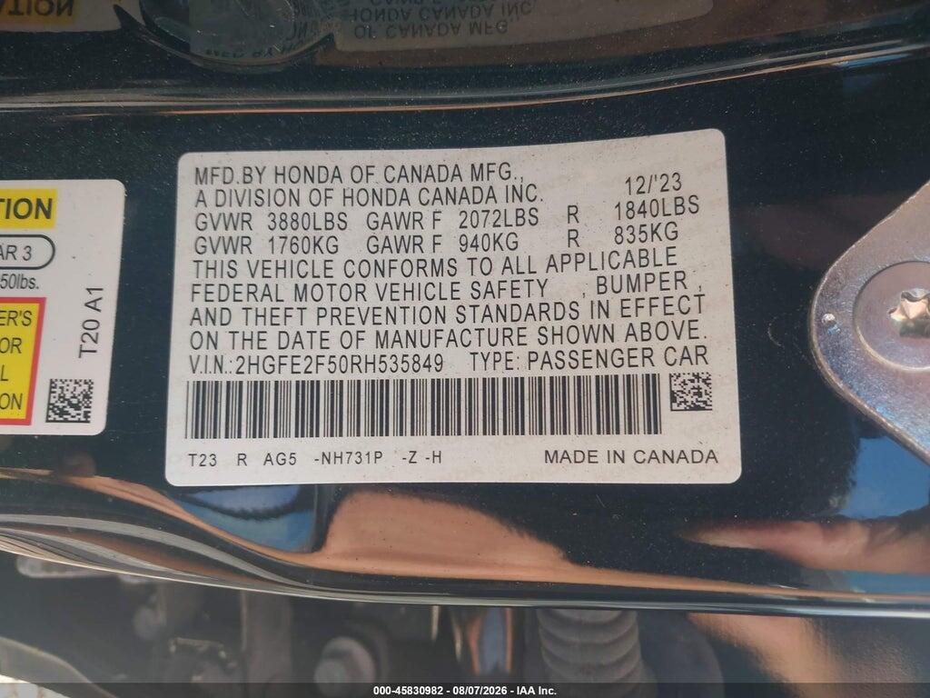 2HGFE2F50RH535849 2024 HONDA CIVIC photo no. 9