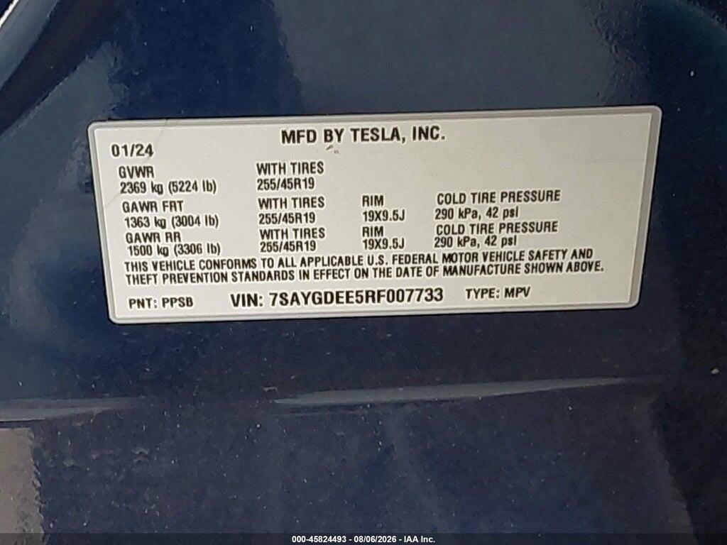 7SAYGDEE5RF007733 2024 TESLA MODEL Y photo no. 9