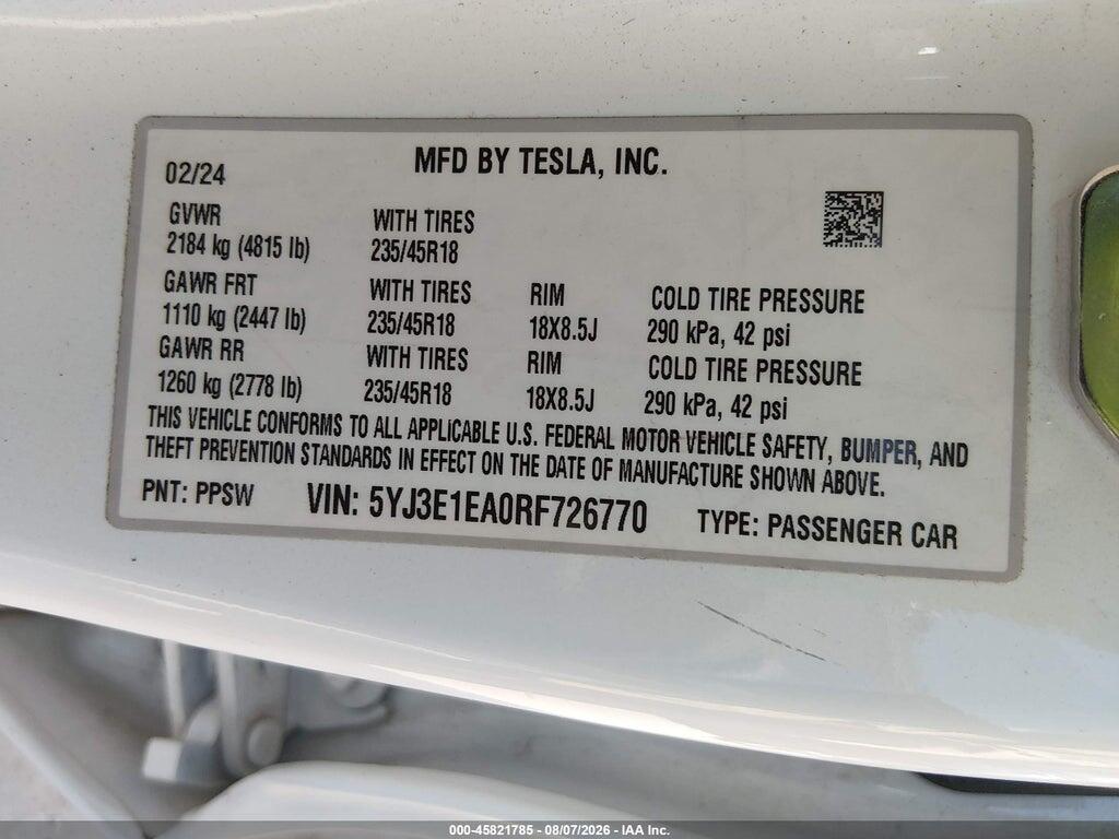 5YJ3E1EA0RF726770 2024 TESLA MODEL 3 photo no. 9