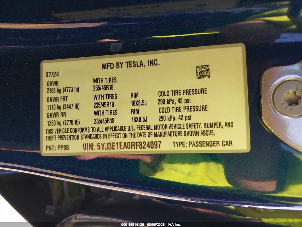 5YJ3E1EA0RF824097 2024 TESLA MODEL 3 photo no. 9