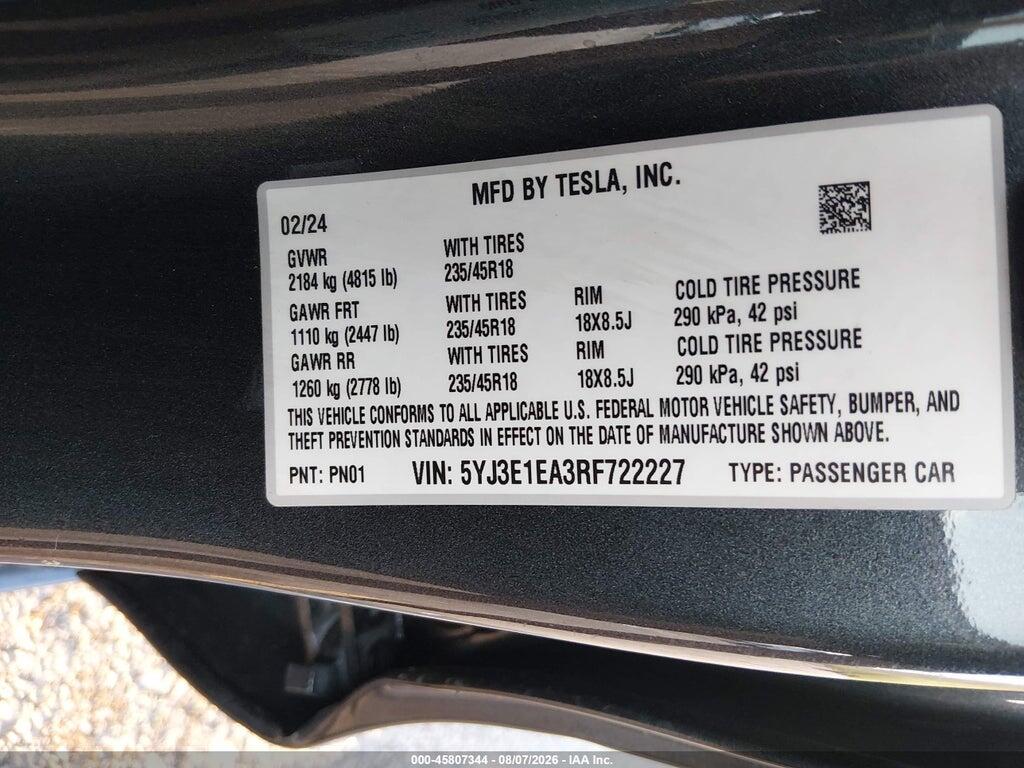 5YJ3E1EA3RF722227 2024 TESLA MODEL 3 photo no. 9
