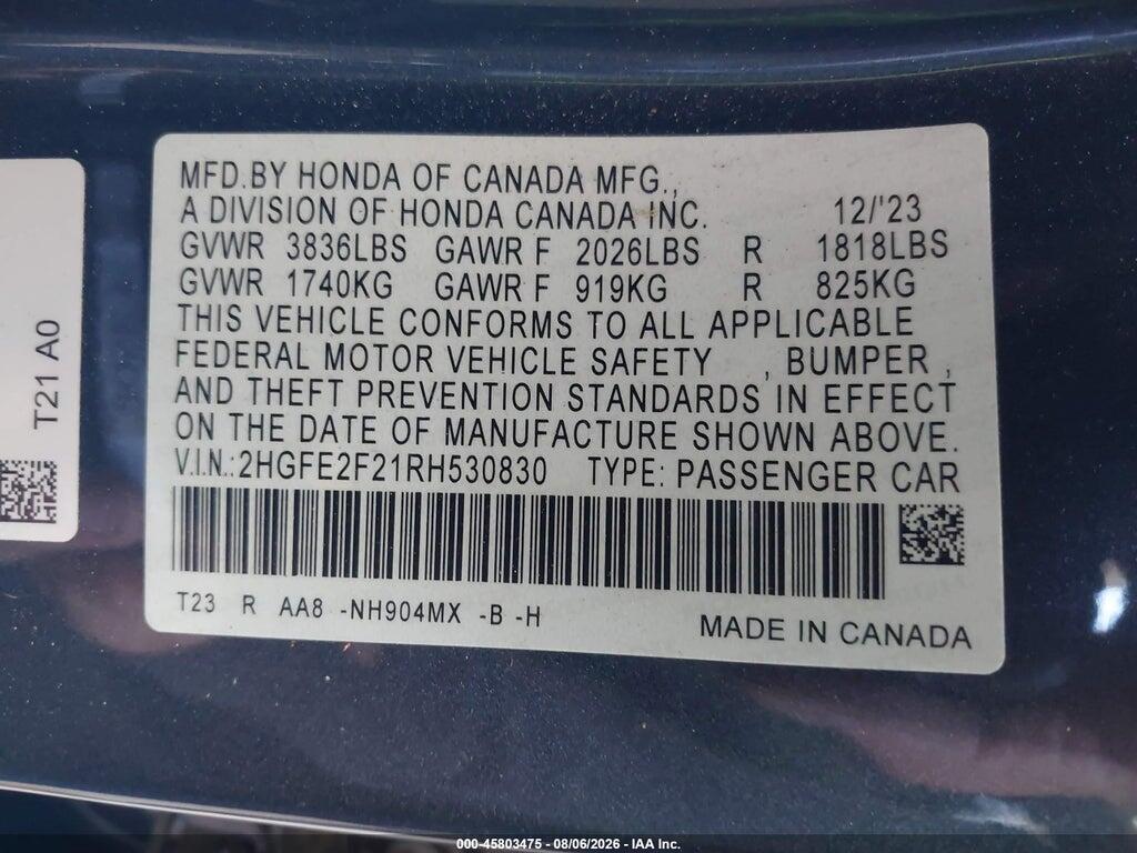 2HGFE2F21RH530830 2024 HONDA CIVIC photo no. 9