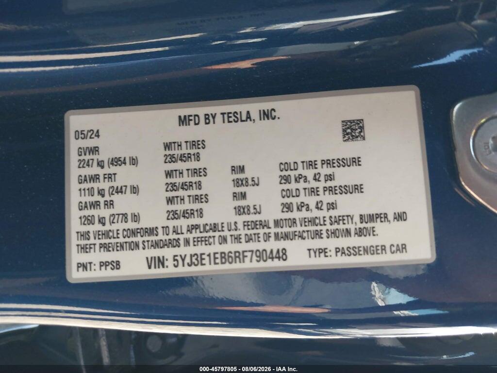 5YJ3E1EB6RF790448 2024 TESLA MODEL 3 photo no. 9