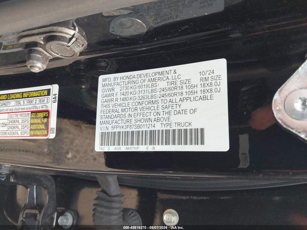 5FPYK3F87SB011214 2025 HONDA RIDGELINE photo no. 9
