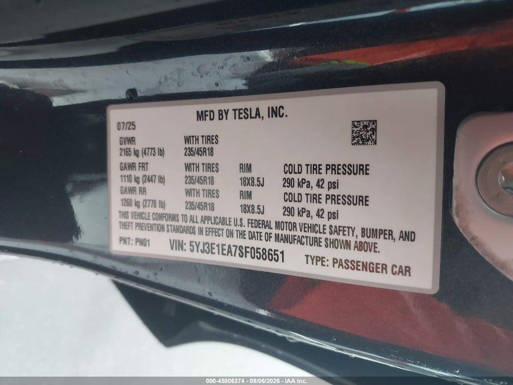 5YJ3E1EA7SF058651 2025 TESLA MODEL 3 photo no. 9