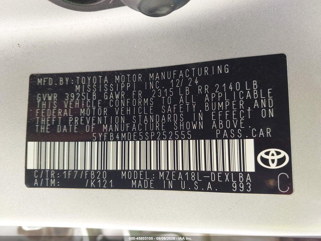 5YFB4MDE5SP252555 2025 TOYOTA COROLLA photo no. 9